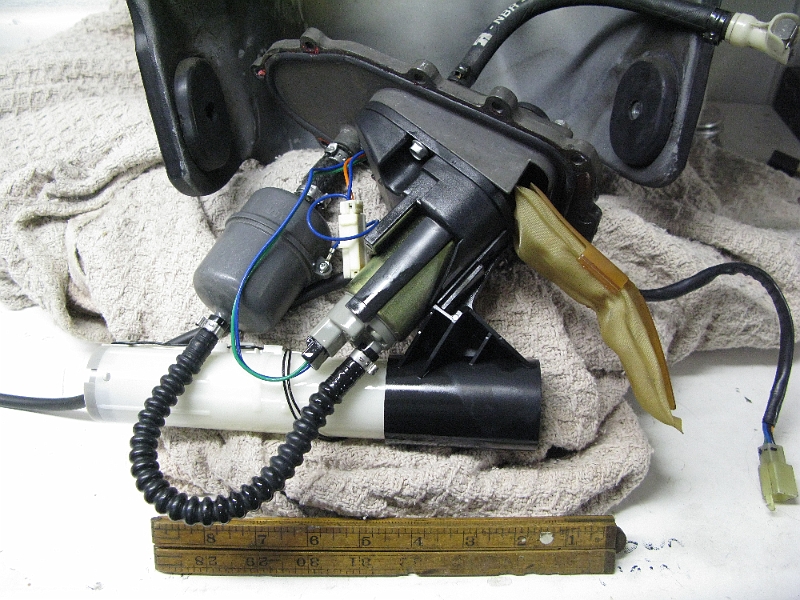IMG_0131.JPG - Ruler is 9". That is a large piece of hardware inside the gas tank. Hardly surprising with that much complexity that something is causing trouble. Big white tube is the fuel level sensor.