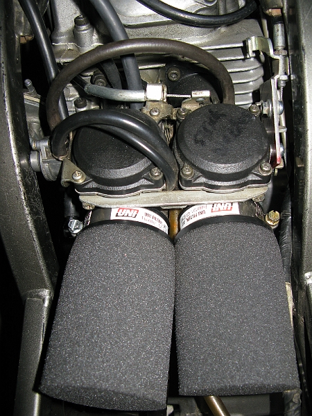 IMG_0171.JPG - EX250 carbs with pod filters. Tight fit in the SRX frame (as were the SRX carbs).