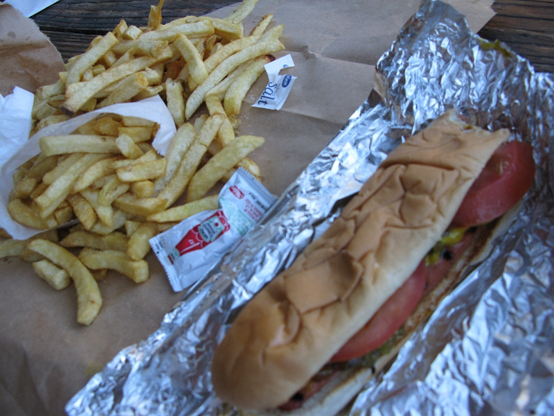 IMG_0511.JPG - Oakland seems to have a signature dog with everything -- mustard, relish, onions and tomatoes. Fries were pretty good today.