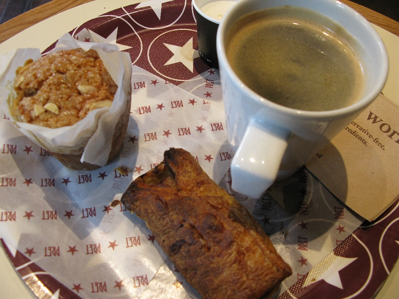 IMG_0585.JPG - Was unaware that Pret a Manger was a big chain. Sausage roll was kind of lame. Muffin was overly spiced but not bad. Americano was pretty good.