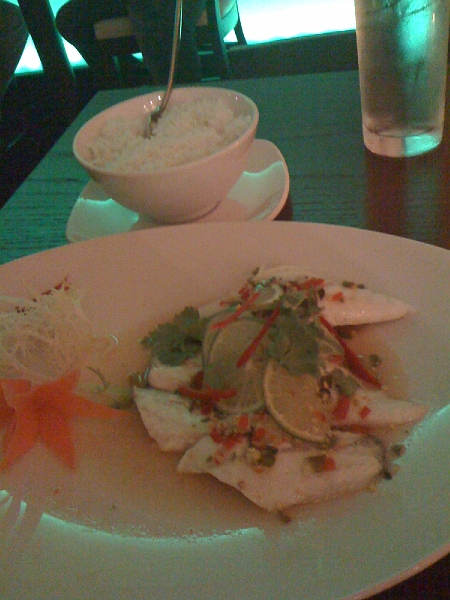 IMG_0070.jpg - Sea Bass. Those red slivers are hot pepper. Super hot overall dish. Yee haw.