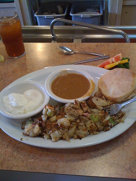 IMG_0165.JPG - My regular spot at the counter. Smoked chicken hash with poached eggs and an english muffin. One of the 6 best things here.