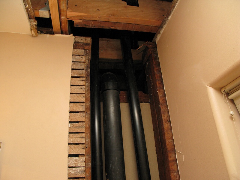 IMG_2108.JPG - Left to right. New vent for the sink. New drain for the second floor bathroom. New/old vent line for the first floor toilet.