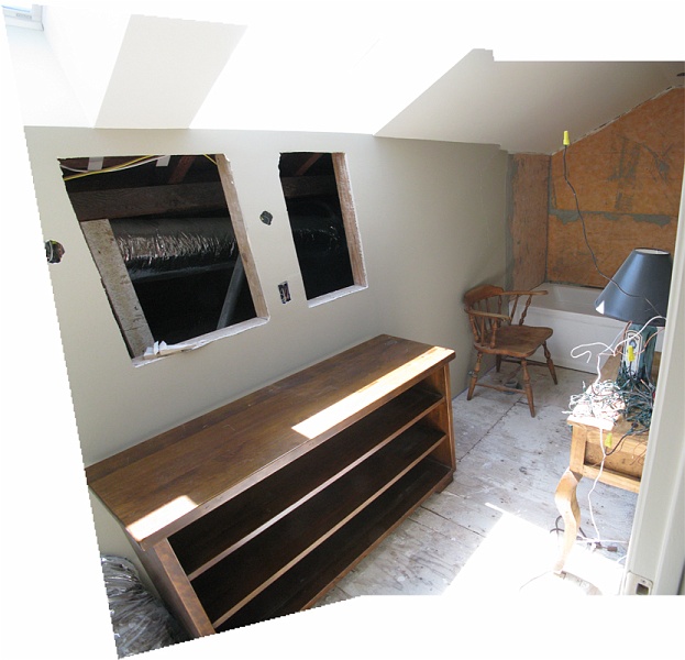 bathroom_with_stuff.jpg - Chair is where the toilet will be. Console table is where the vanity will be. Surprisingly there is a lot of room left still in what seemed like a narrow bathroom.