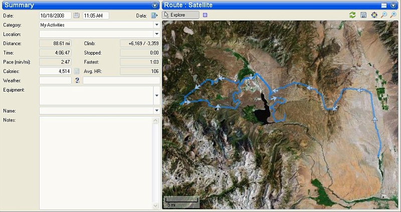 bishop2mammoth_summary.JPG - Avg HR 25 bpm lower than day 1. Average speed up 10mph to 25. Max about 60. Actual distance for the day was close to 150 miles.