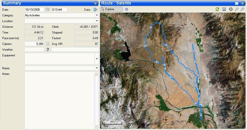 benton_crossing_summary.JPG - Average HR down another 10 bpm. That's down about 35 from day 1, or about 40% overall. Average speed up a bit from day 2 at 27 mph, and max up to about 75, which was as fast as my bike would go. At redline in 6th it shows an indicated 80 mph, so 75 is about right for true speed. Guys on KTMs were still blasting by me. On flat pavement it weaves at that speed. On a rutted gravel/sand road it was moving around pretty good at times.