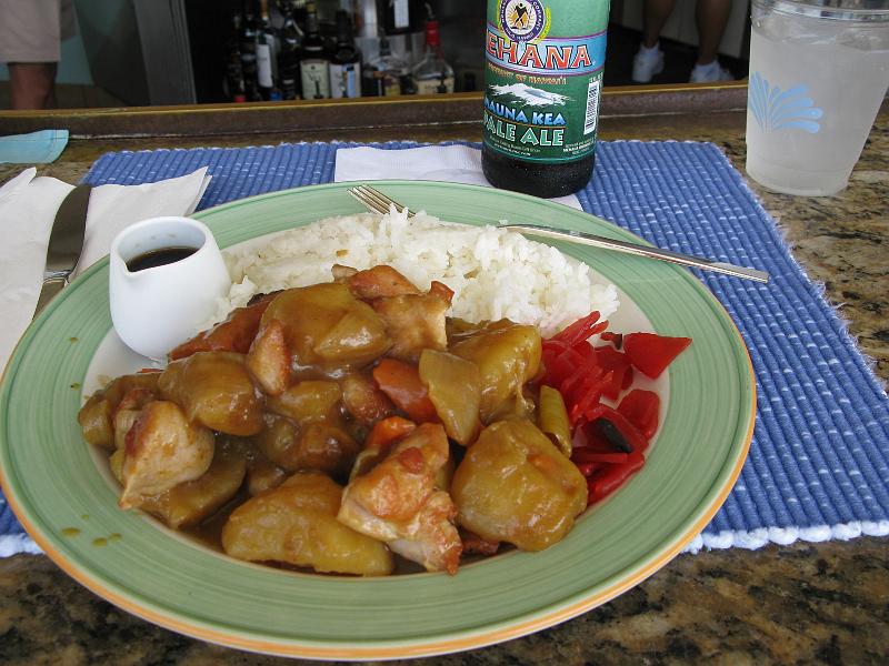 IMG_2108.JPG - My room wasn't ready so I hit the poolside cafe for some lunch. Chicken in brown sauce for the win. Not sure what the red garnish things were but they were good.
